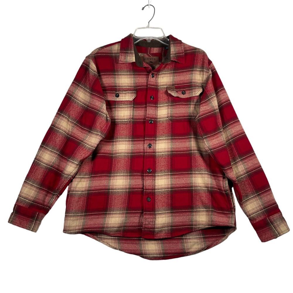 Orvis Shirt Mens M Red Plaid Shacket Heavy Flannel Pockets Long Sleeve Button